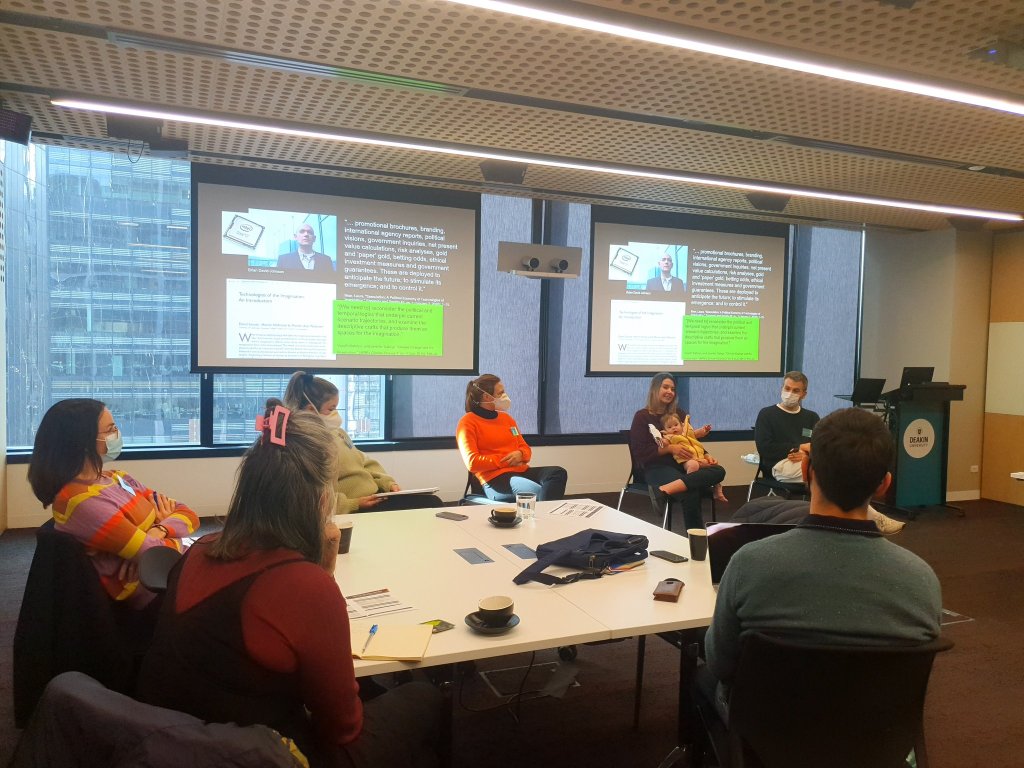 Talking about "futuring" between panel Natasha Rooney, Cameron McKean, and Kari Dahlgren with chair Angie Sassano (Melbourne node)
