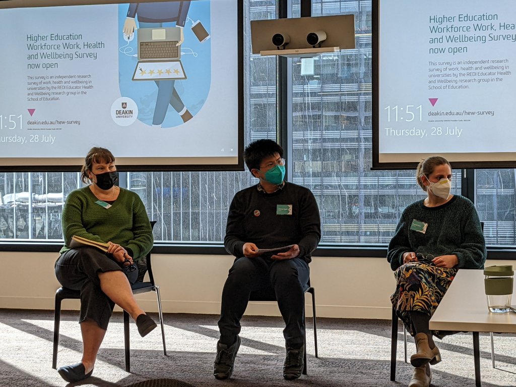 Lou Buckley, Hilman S. Fathoni, and Mariah Sampson in "Conserve" panel discussion (Melbourne node)