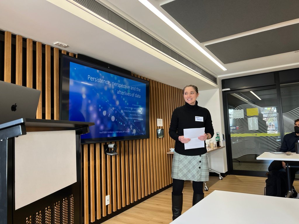 Katherine Kenny presenting "Persistence, perspective and the afterlives of data" (Sydney node)